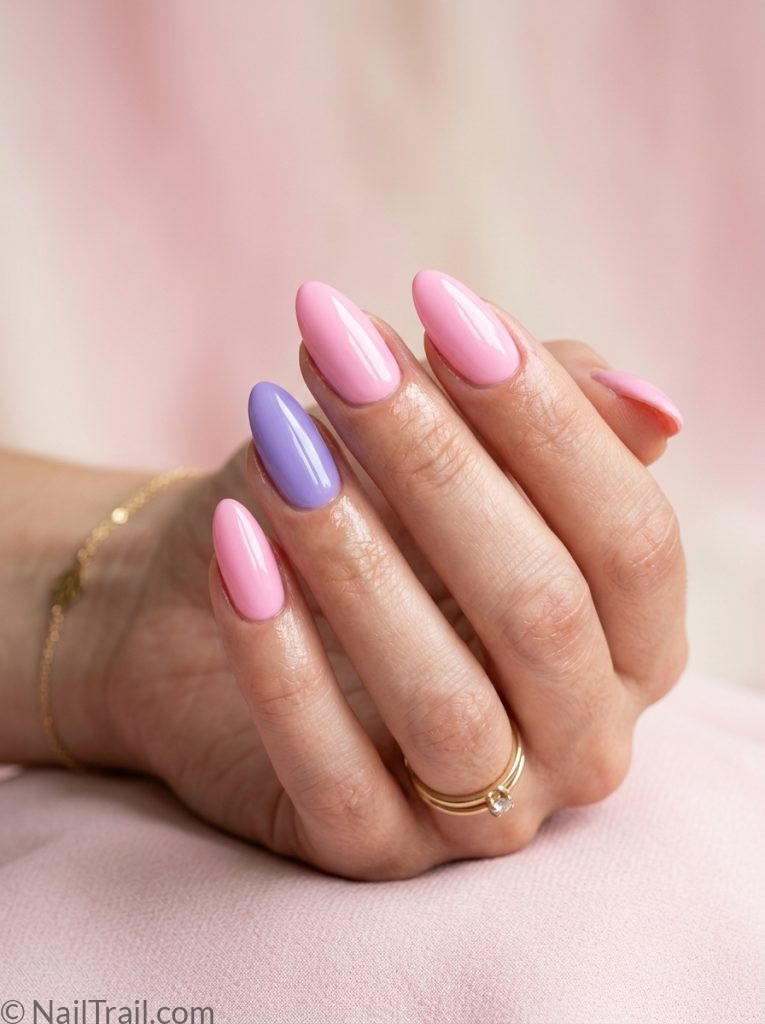 hottest summer nails colors pink purple gel almond duo alternating glossy elegant feminine trending