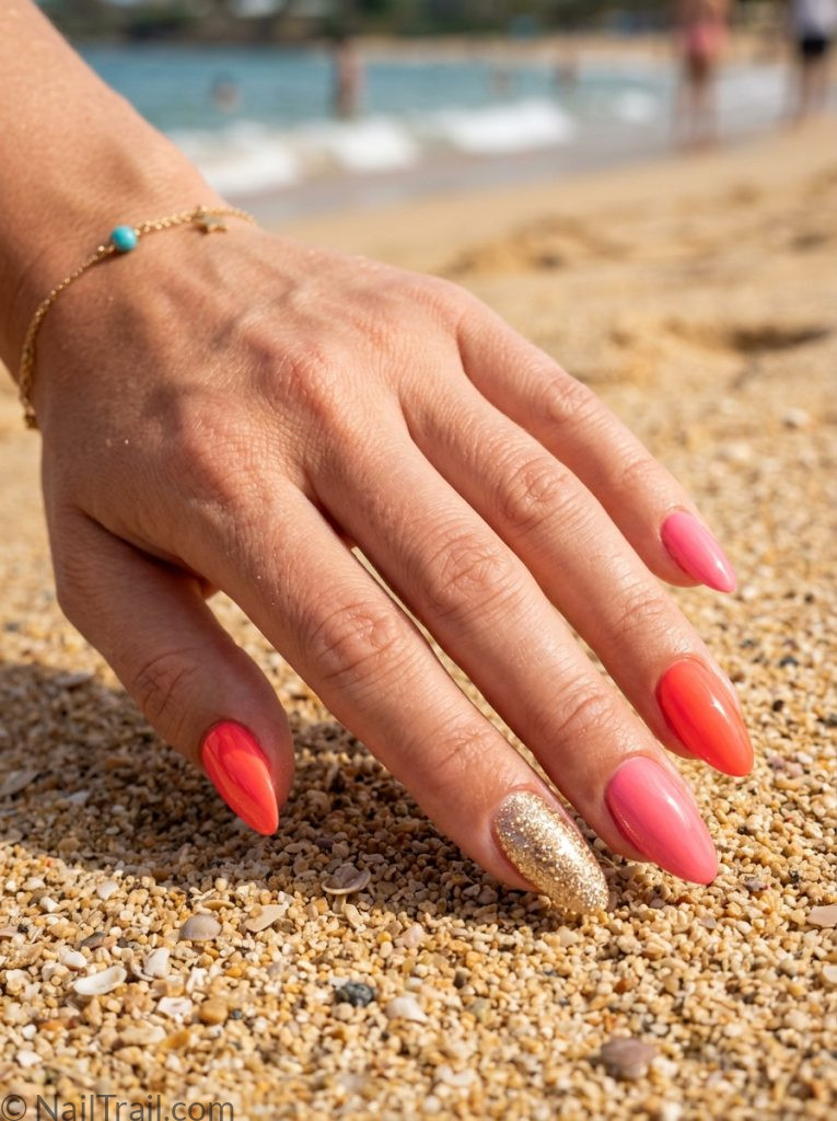 hottest summer nails designs vacation pink coral gold glitter almond glossy festive celebratory