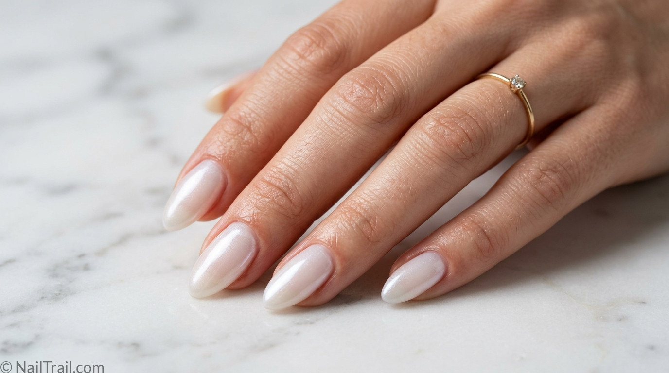 milky white nails glazed almond pearl shimmer high shine glossy soft ethereal
