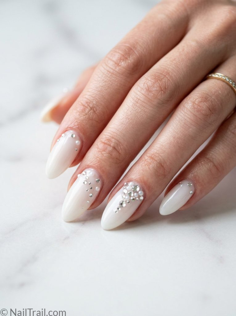 milky white nails ideas gem detail almond clear rhinestone sparkling elegant feminine glossy
