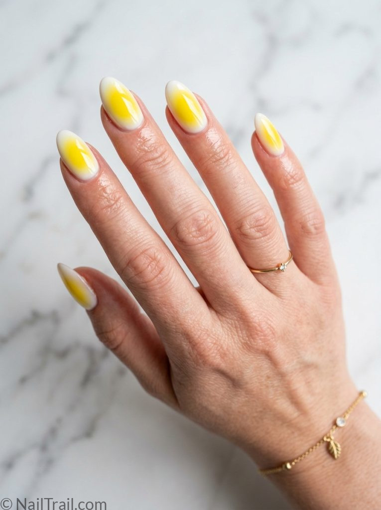 yellow aura summer nails sunshine gradient almond diffused glow glossy cheerful luminous