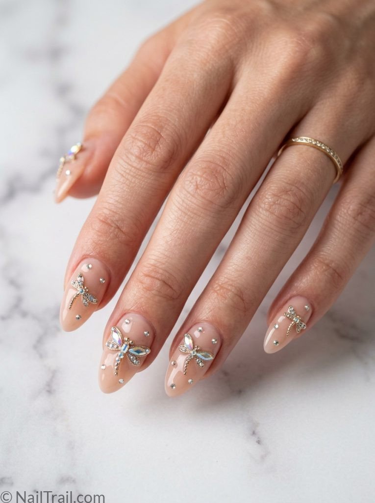 3d dragonfly nails rhinestone wings almond nude sparkling dimensional delicate glossy