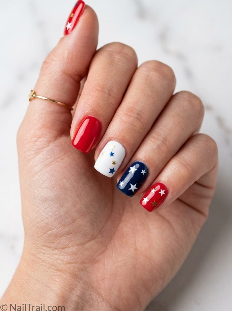 4th of july nails simple classic red white blue short square alternating star glossy gel patriotic