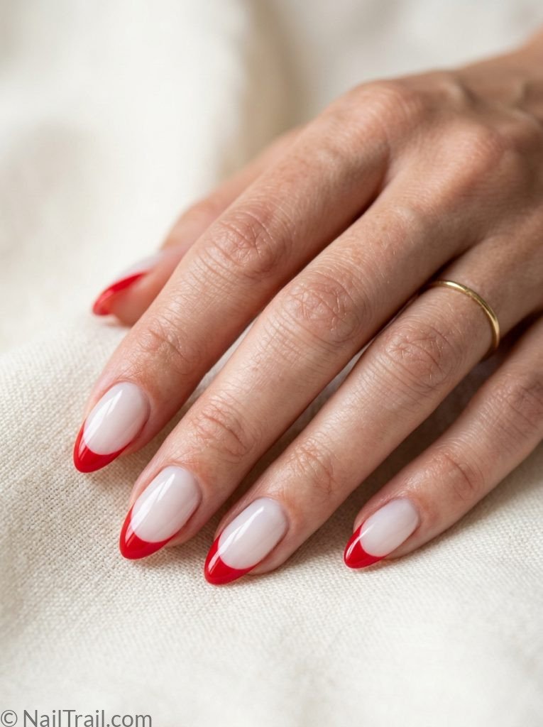 4th of july nails simple red french tip almond sheer white base glossy gel patriotic elegant