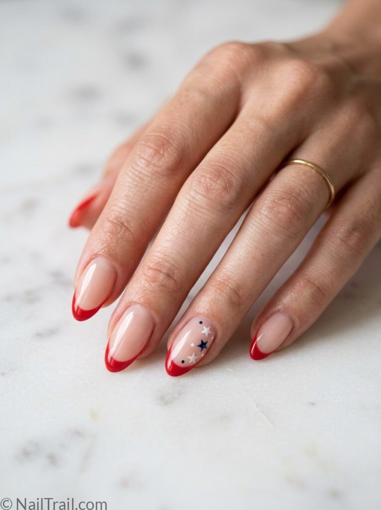 subtle 4th of july nails sheer nude almond soft red french tip glossy gel classy elegant patriotic