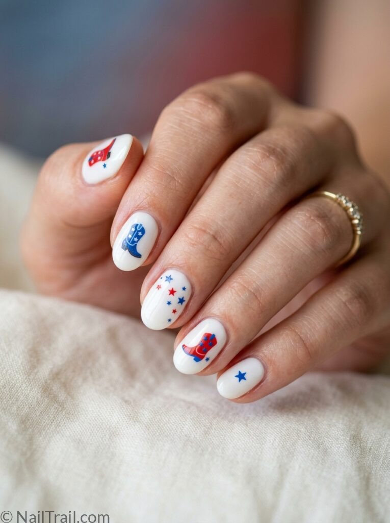 cute western 4th of july nails short oval white cowboy boot star sticker glossy playful cowgirl patriotic
