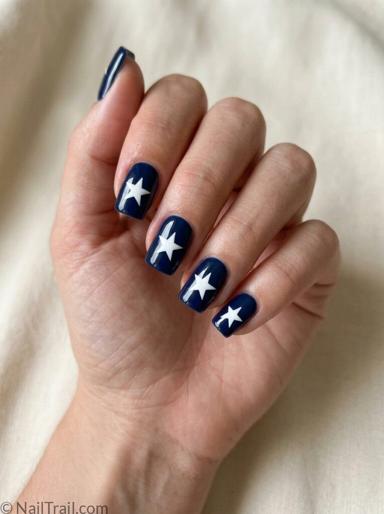  simple western 4th of july nails navy short square white western star stamped each nail glossy bold patriotic