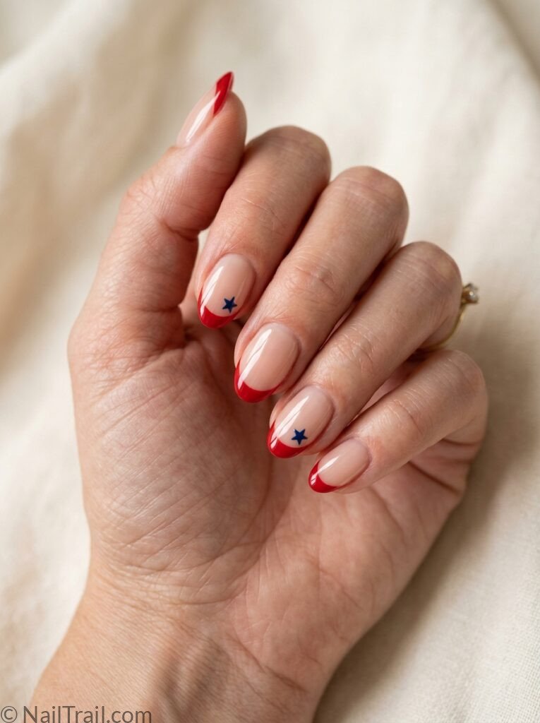 simple easy western 4th of july nails french tip short almond sheer nude red star center glossy elegant western