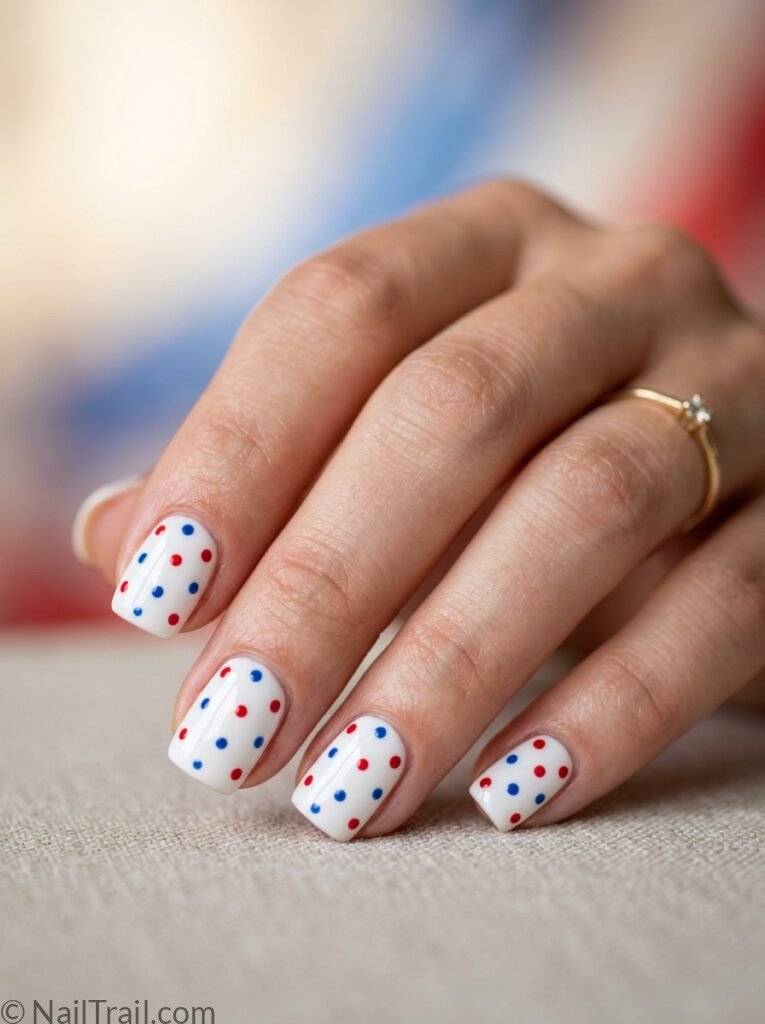 simple western 4th of july nail designs polka dot white short square red blue scattered glossy playful patriotic
