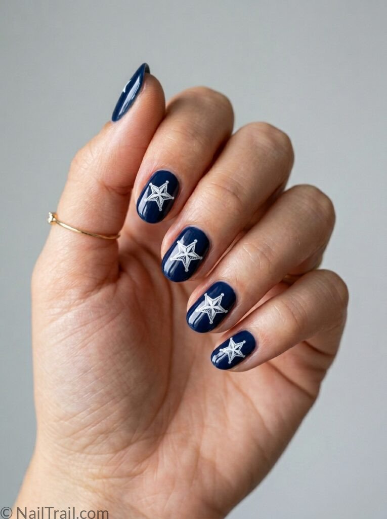 simple western 4th of july gel nails short navy solid white star stamped oval glossy bold western patriotic