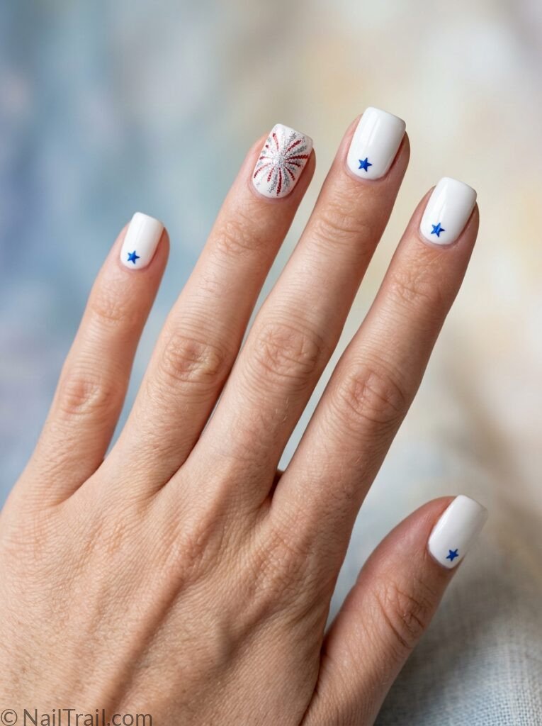 simple western 4th of july nail inspo firework accent white short square silver red glitter blue star glossy