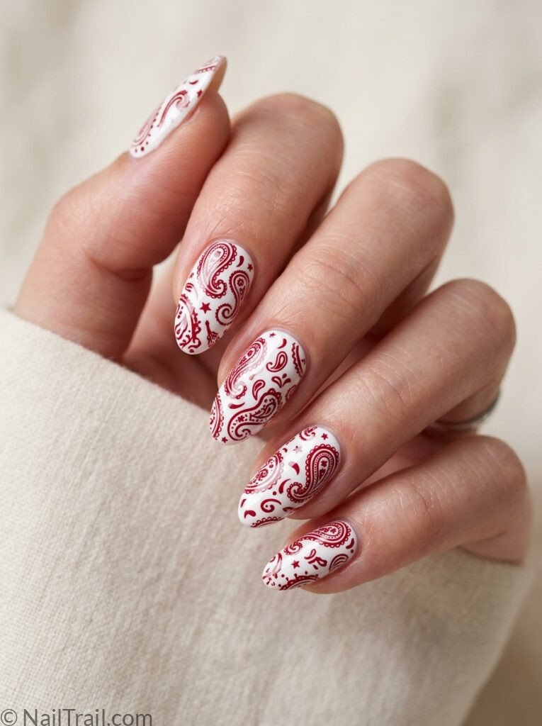 simple western 4th of july nail art bandana paisley stamp almond white red glossy western cowgirl patriotic