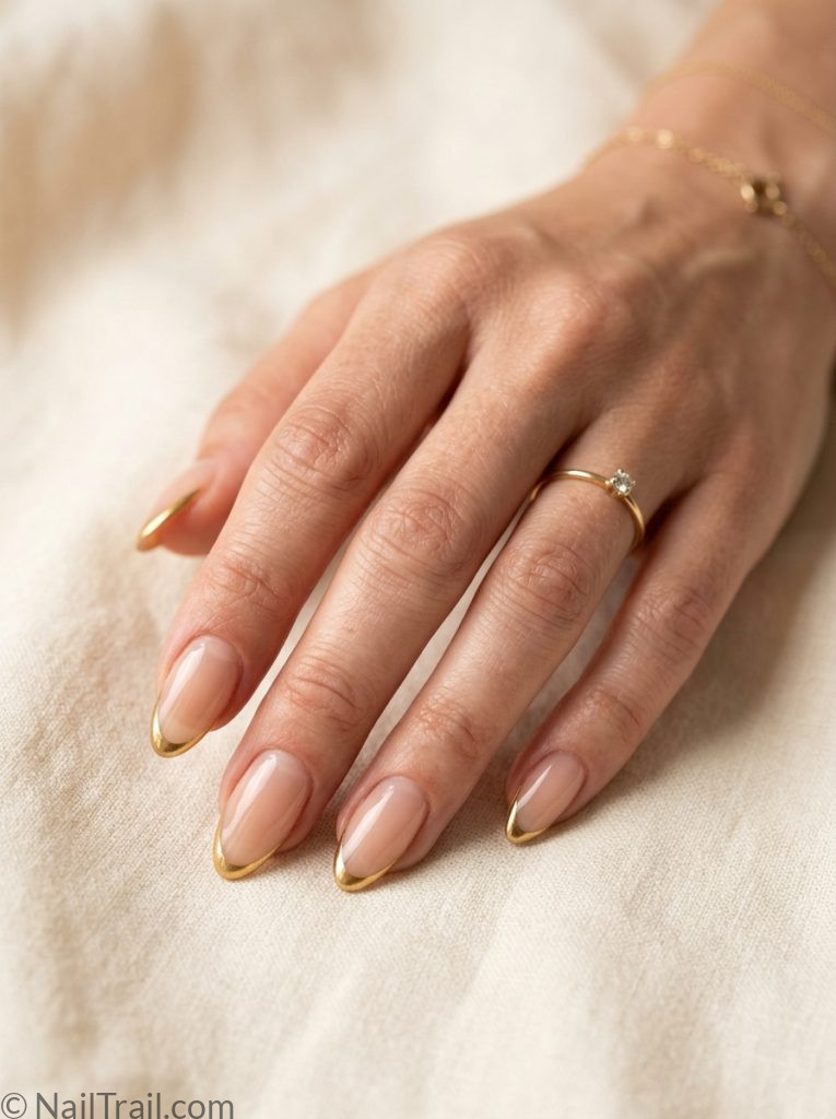 nail inspo almond french tip gold line nude sheer glossy modern elegant sophisticated