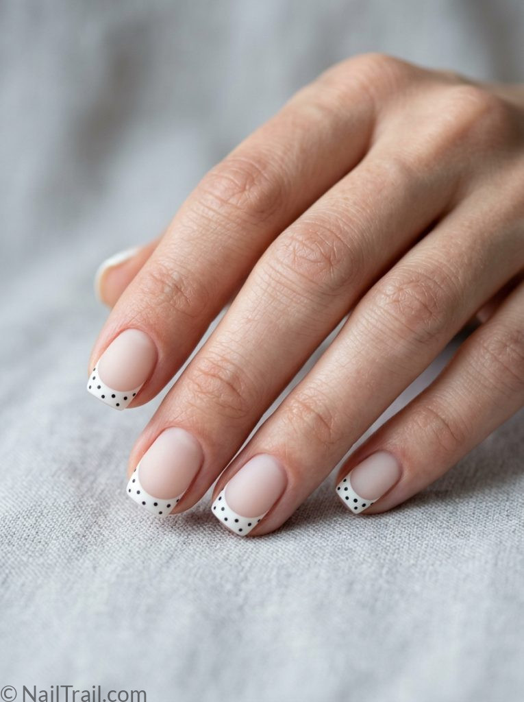 milky white french tip nails polka dots short square shape black dots matte finish