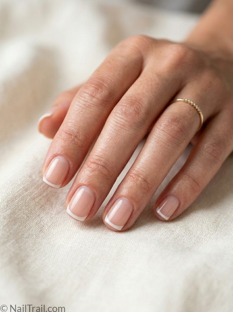 extra short nail ideas french tip square shape thin white tip glossy gel finish cream background
