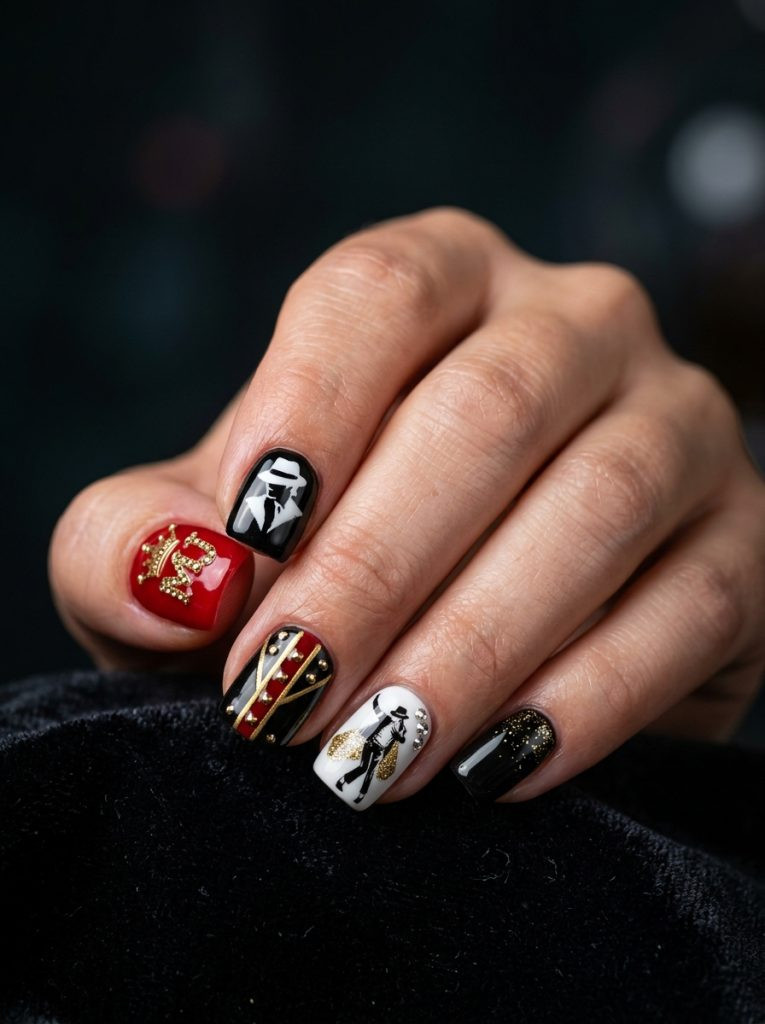michael jackson nails short square shape full set black red gold white different fingers glossy gel finish dark moody background