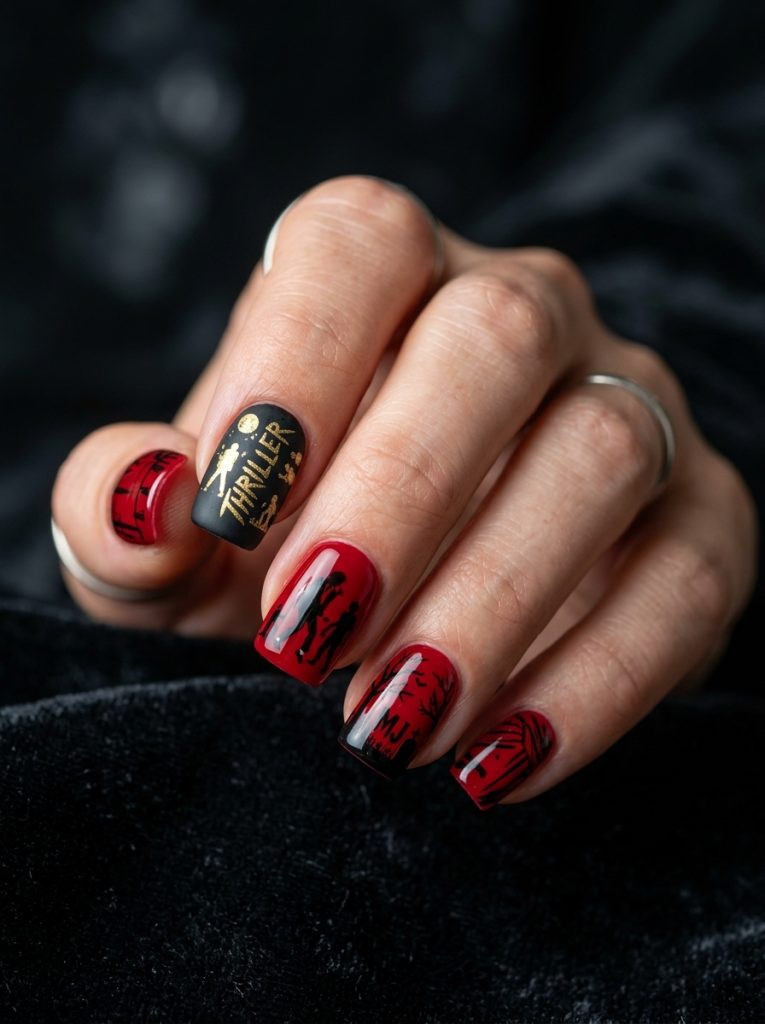 michael jackson nails short square shape thriller text gold black accent red black detail complete art set glossy gel finish dark moody