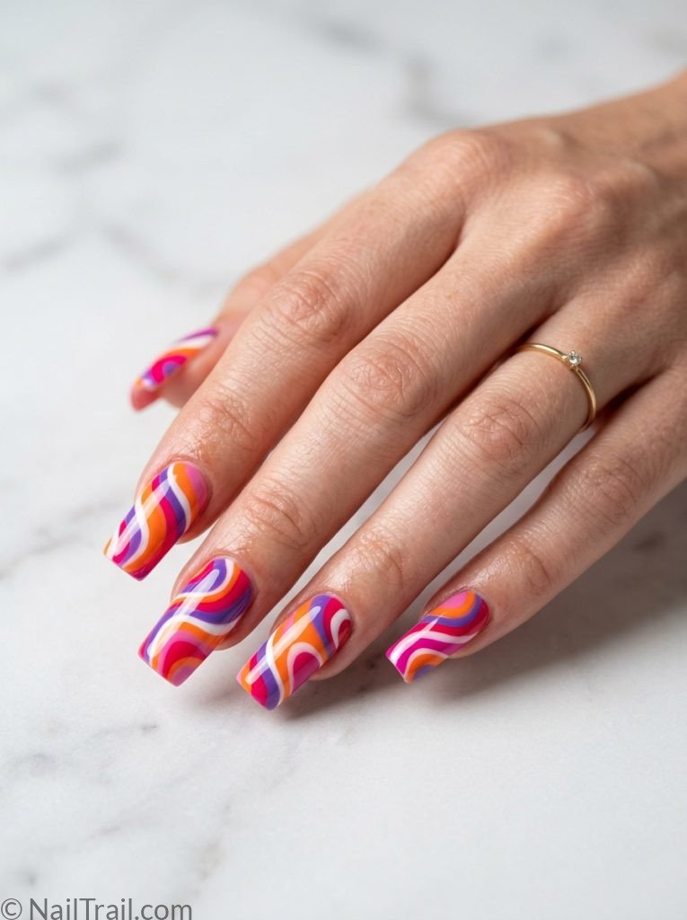 2000s square nails long square shape pucci inspired swirl print pink orange purple white glossy gel finish marble