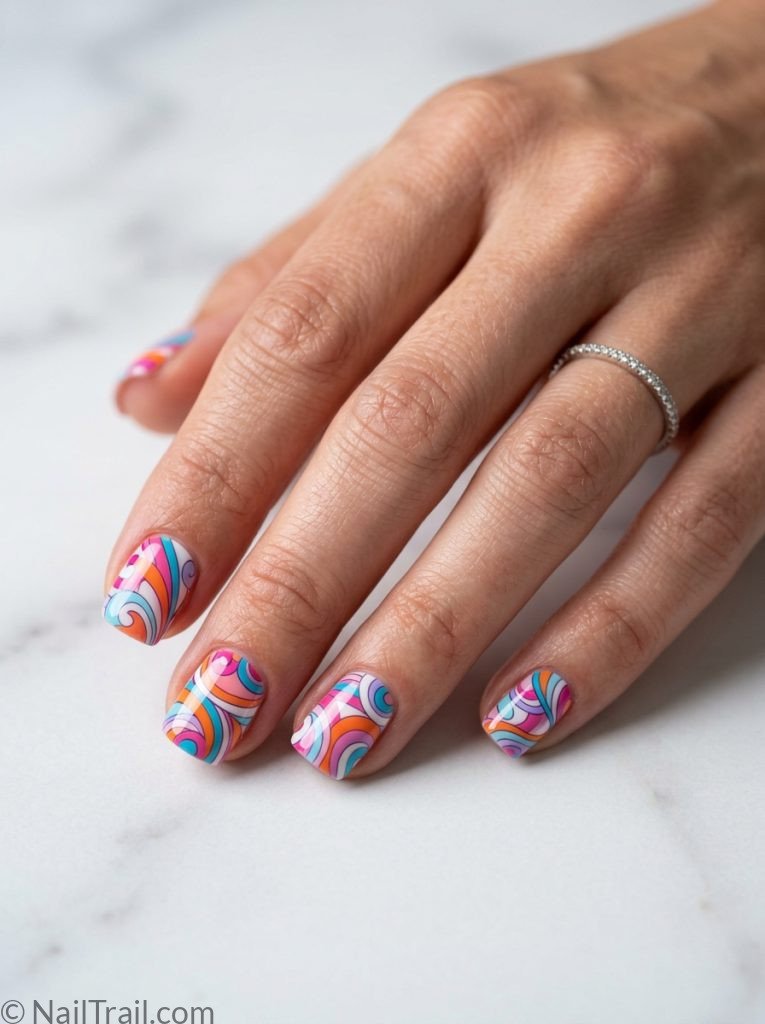 unique short nail ideas square shape pucci inspired swirl print pink orange blue glossy gel finish marble