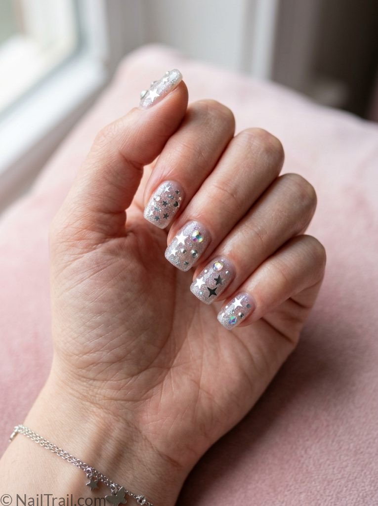 unique short nail ideas square shape y2k rhinestones star stickers clear glitter base glossy gel finish pink background