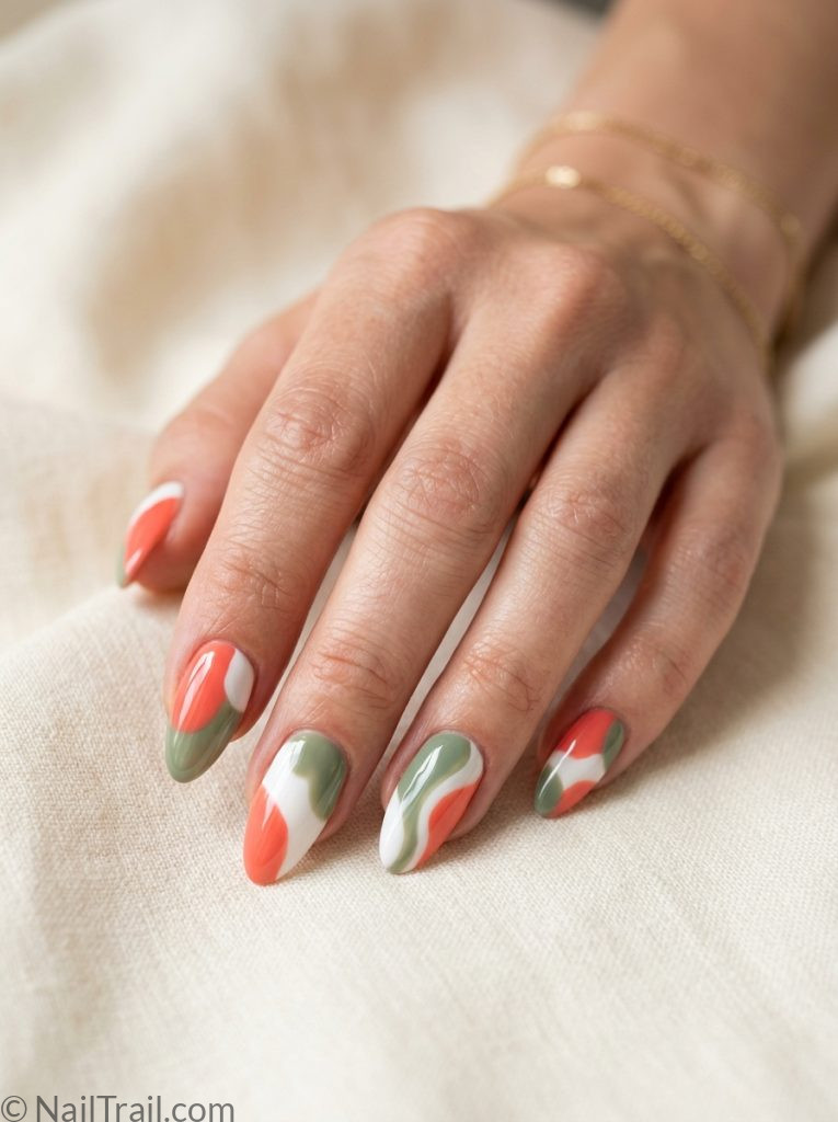 nail inspo almond design abstract color block coral white sage green glossy modern artistic