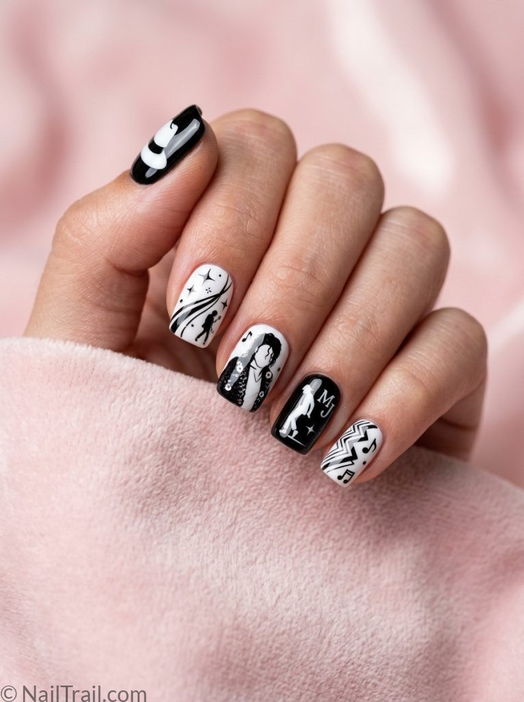 michael jackson nails short square shape black white abstract inspired performance era design glossy gel finish pink background