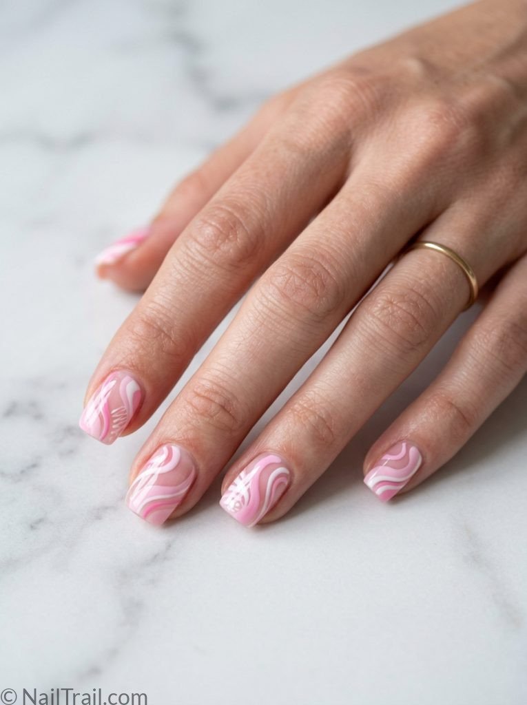 unique short nail ideas square shape abstract pink white swirl nail art glossy gel finish marble background