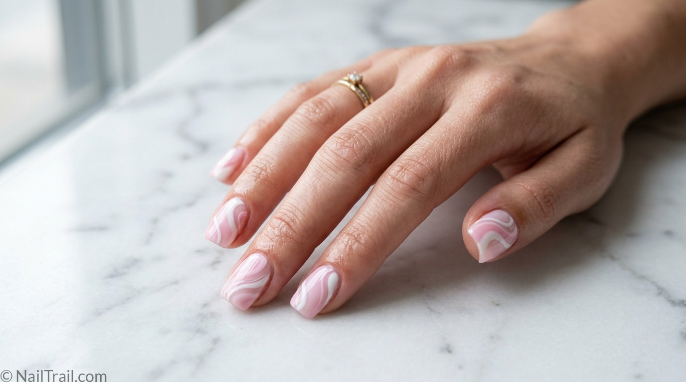 unique short nail ideas square shape abstract swirl pink white glossy gel finish white marble background