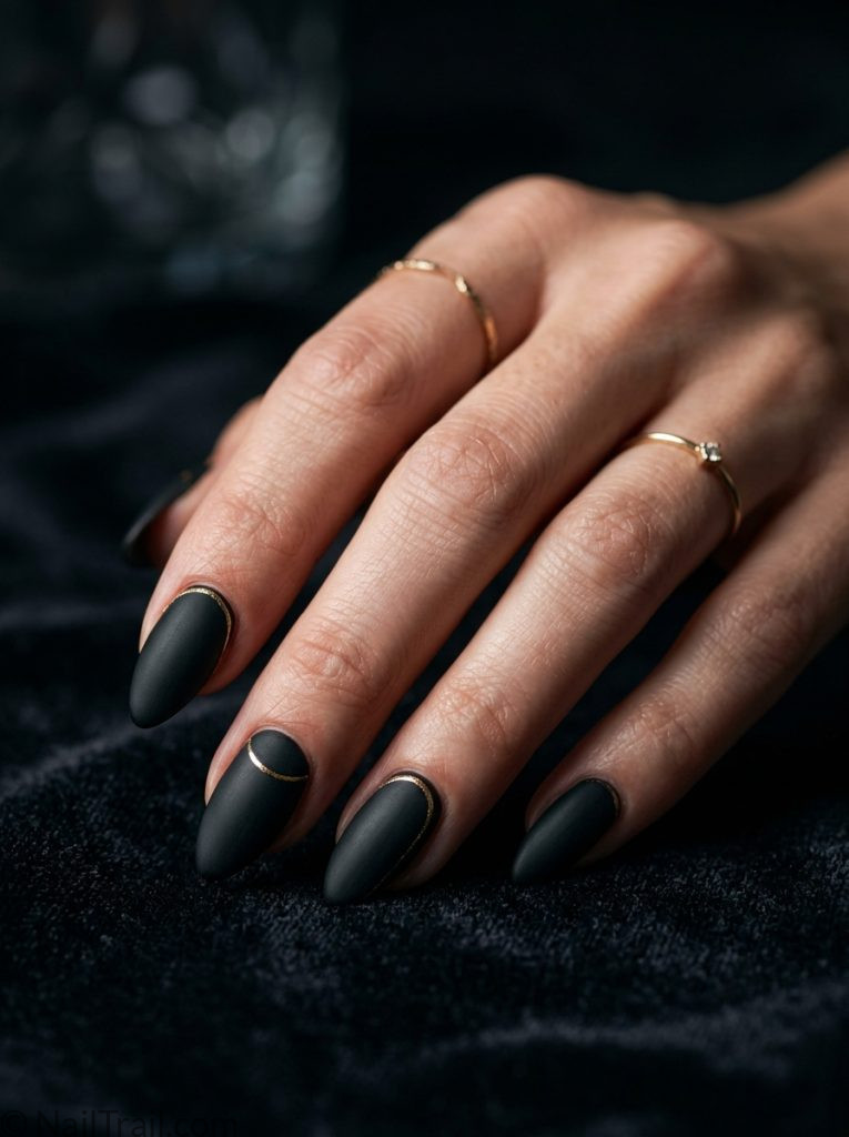 black nail inspo almond matte dramatic gold line glossy moody sophisticated bold