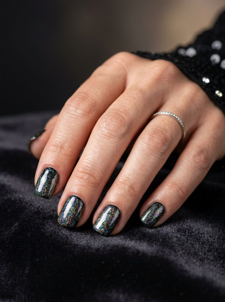 michael jackson nails short square shape black gel iridescent chrome shimmer sequin inspired glossy finish gradient background