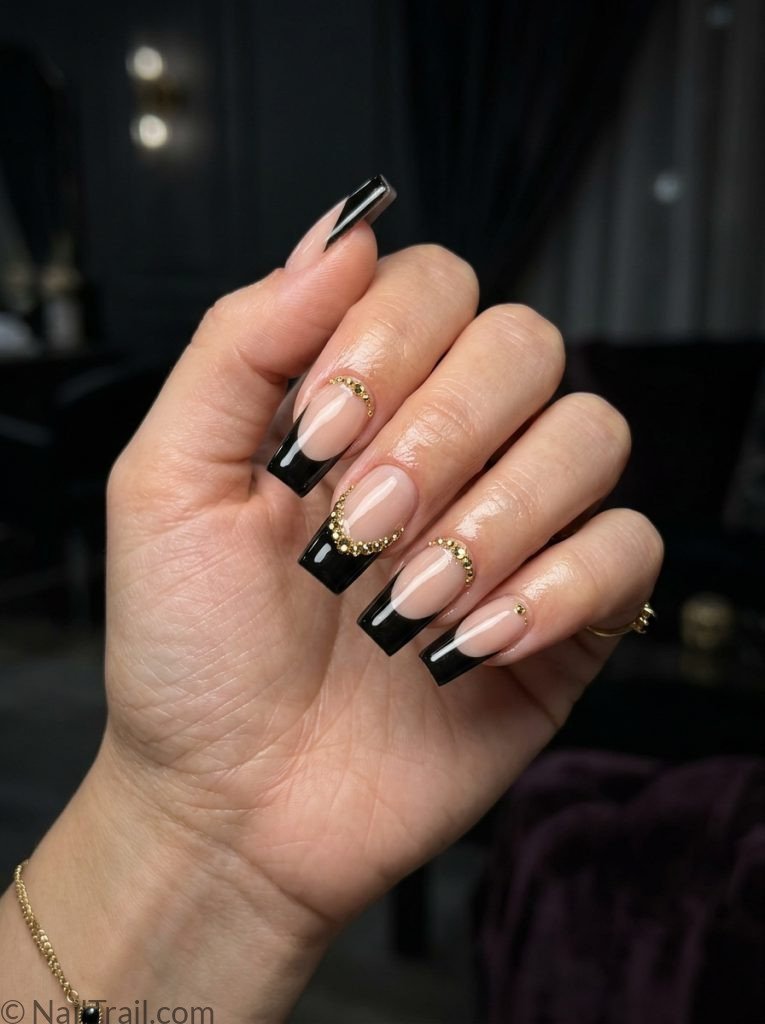 2000s square nails long square shape black french tips sheer base gold rhinestones glossy gel finish dark background
