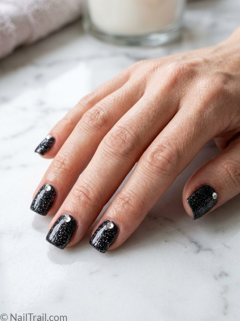 michael jackson nails short square shape black glitter single silver rhinestone accent glossy finish marble background