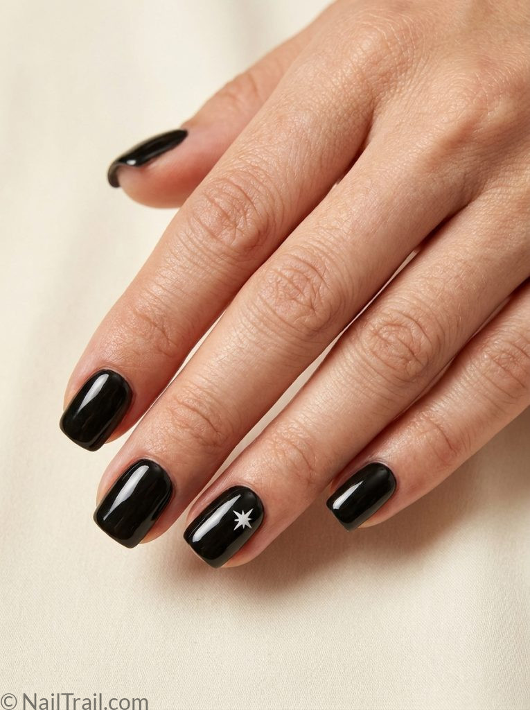michael jackson nails short square shape glossy black white star ring finger accent glossy gel finish cream background