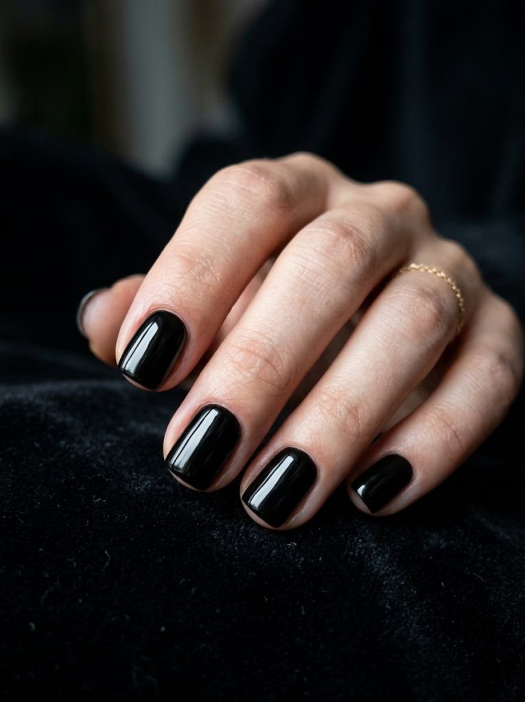 extra short nail ideas square shape glossy black gel finish dark moody background