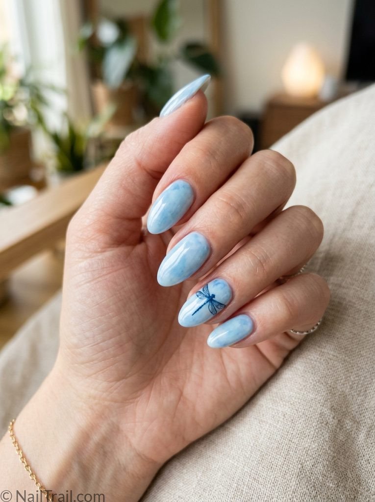 blue dragonfly nails sky watercolor almond dreamy artistic silhouette glossy ethereal nature