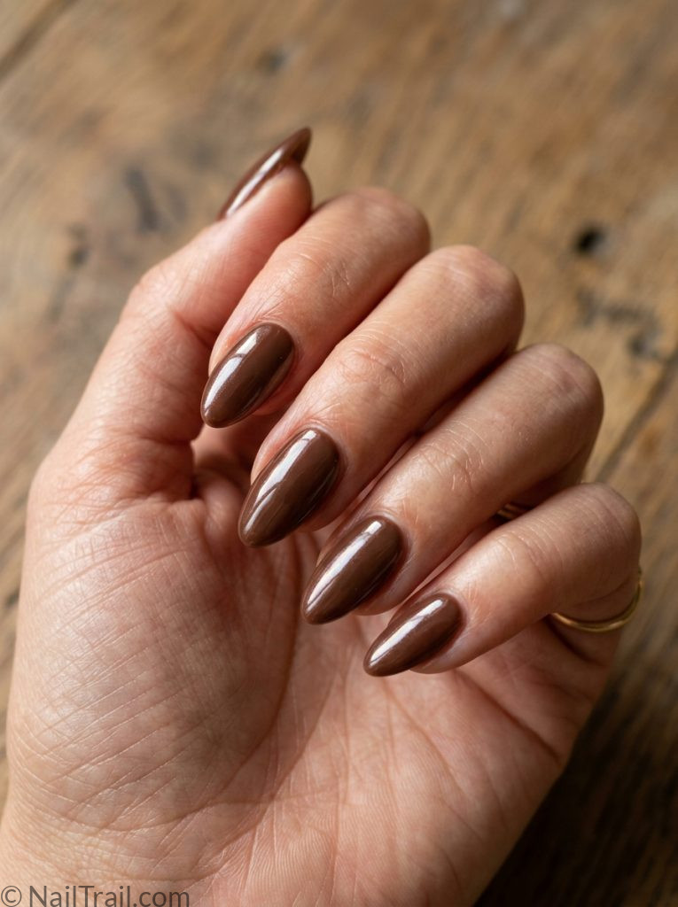 brown nail inspo almond chocolate glazed warm high shine glossy sophisticated earthy