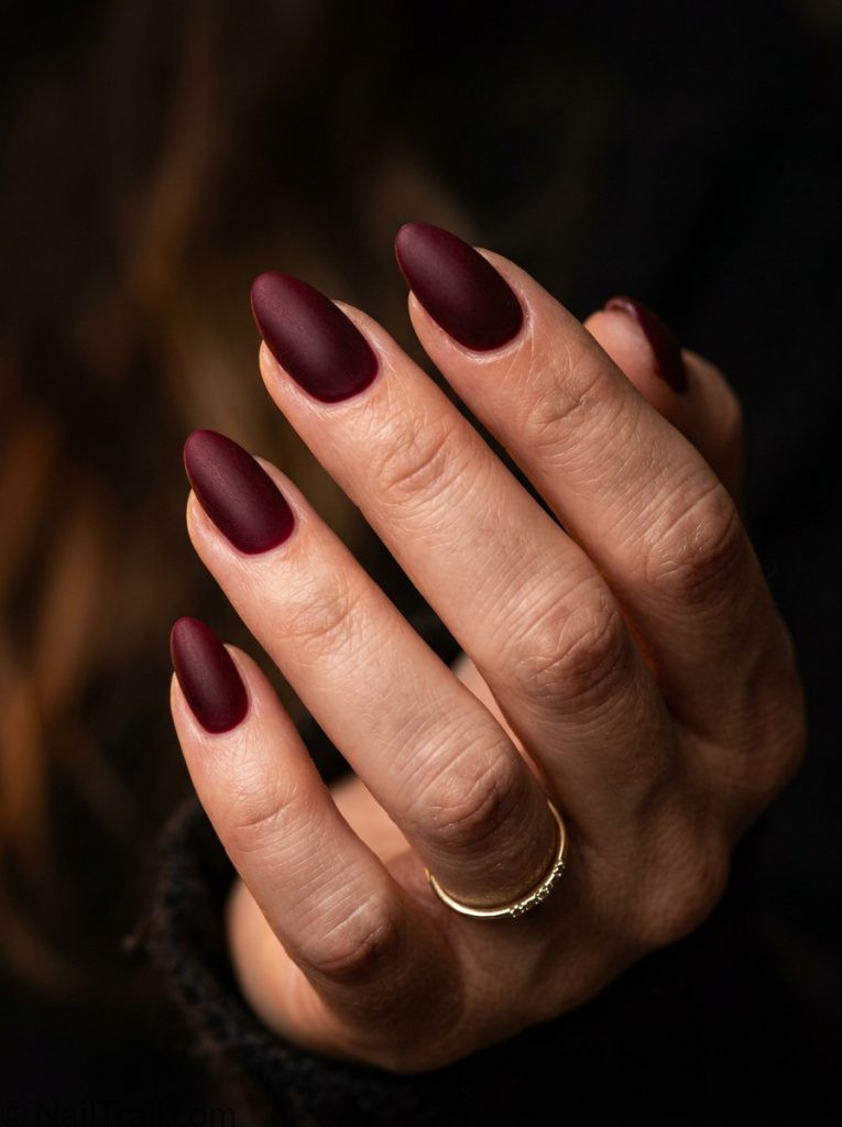 winter nail inspo almond deep burgundy velvet matte moody warm luxurious seasonal