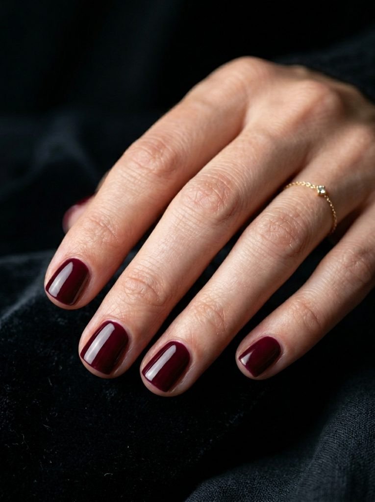  extra short nail ideas square shape deep burgundy glossy gel finish dark moody background