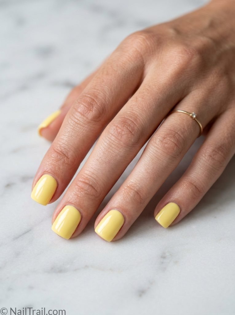 extra short nail ideas square shape butter yellow glossy gel finish white marble background 
