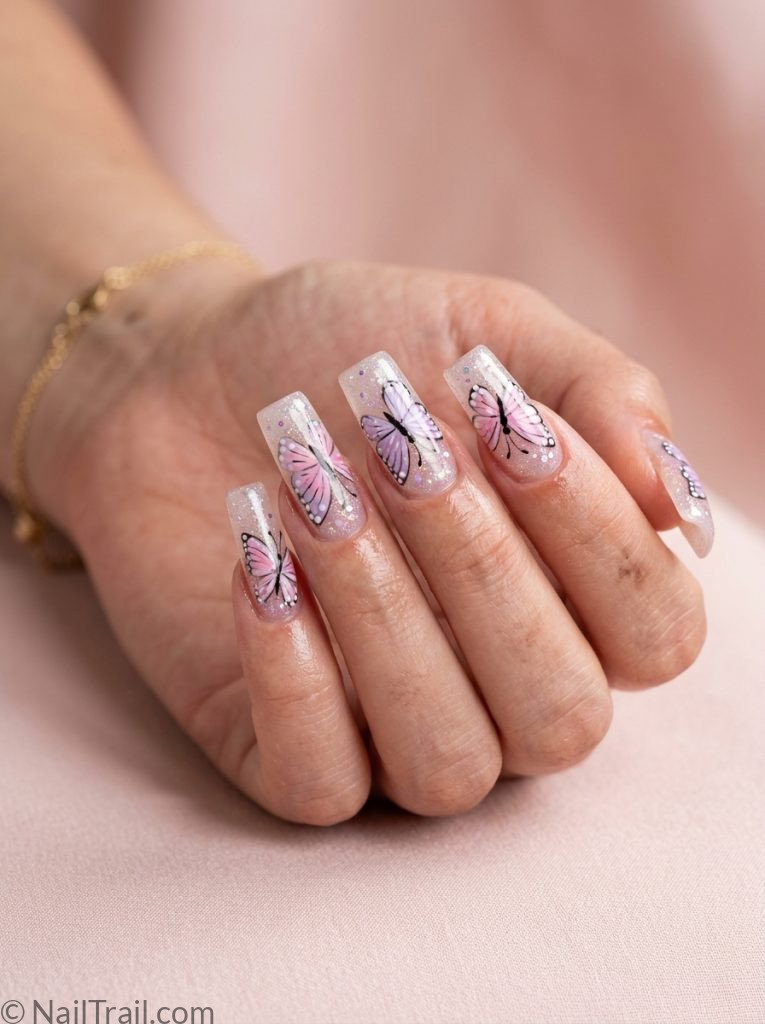 2000s square nails long square shape butterfly nail art pink purple clear glitter base glossy gel finish pink background
