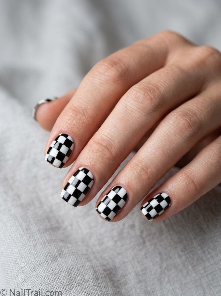 unique short nail ideas square shape black white checkerboard pattern glossy gel finish grey background