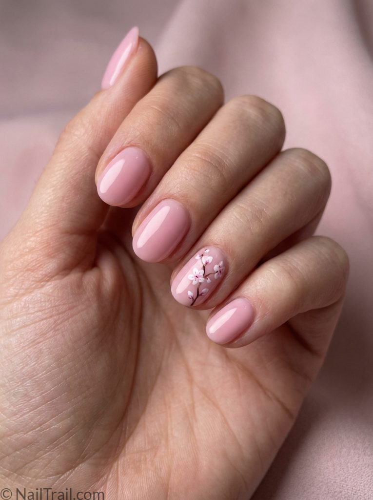 bts nails short oval shape jin inspired pink cherry blossom accent nail art glossy gel finish pink background