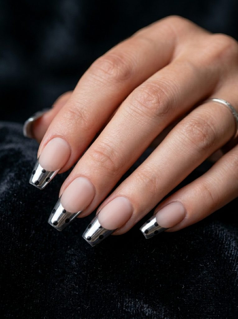 chrome french tip nails polka dots coffin shape black dots mirror finish dark background