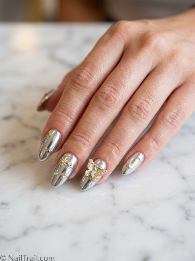 y2k nail inspo almond chrome silver stars butterfly charm mirror glossy maximalist