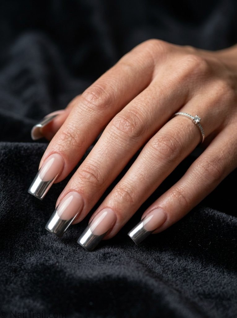 2000s square nails long square shape chrome silver bold french tip mirror finish dark moody background