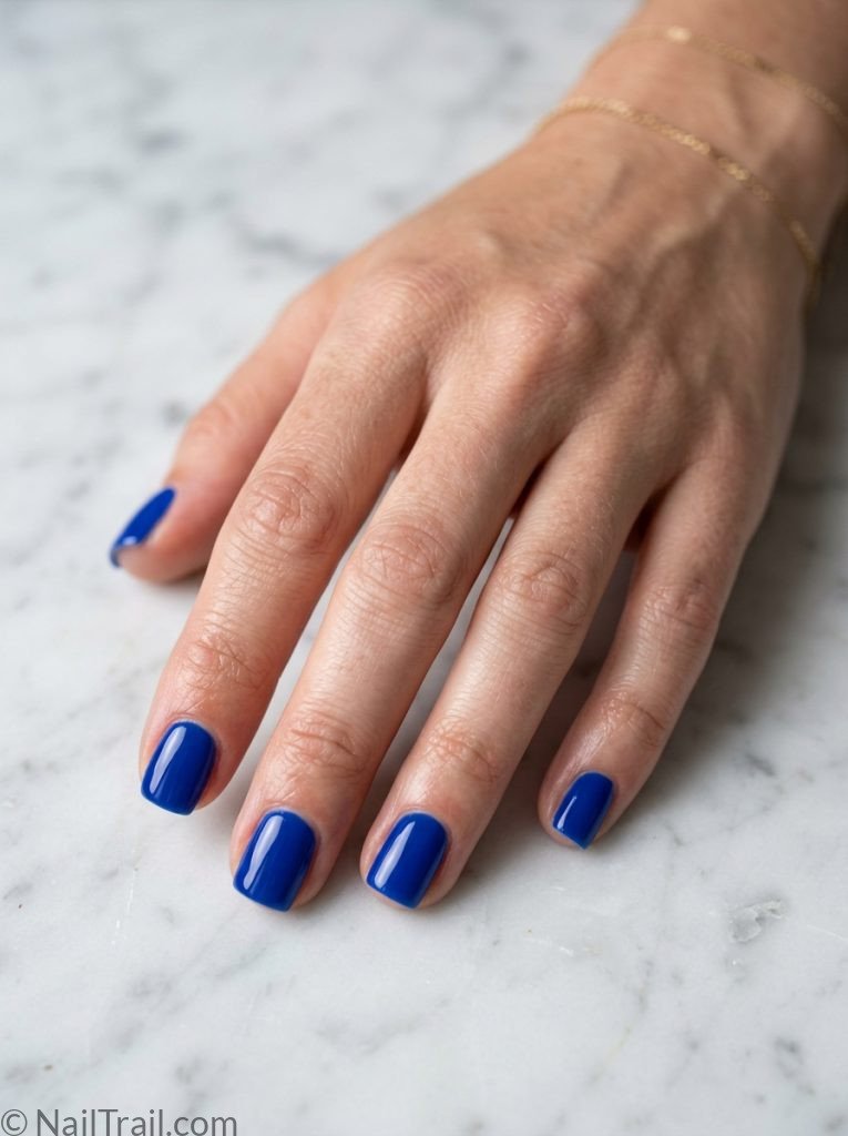 extra short nail ideas square shape cobalt blue glossy gel finish white marble background