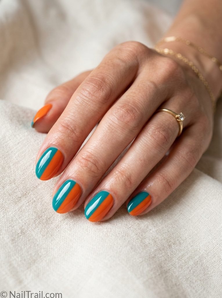 unique short nail ideas oval shape color block teal orange halves glossy finish cream background
