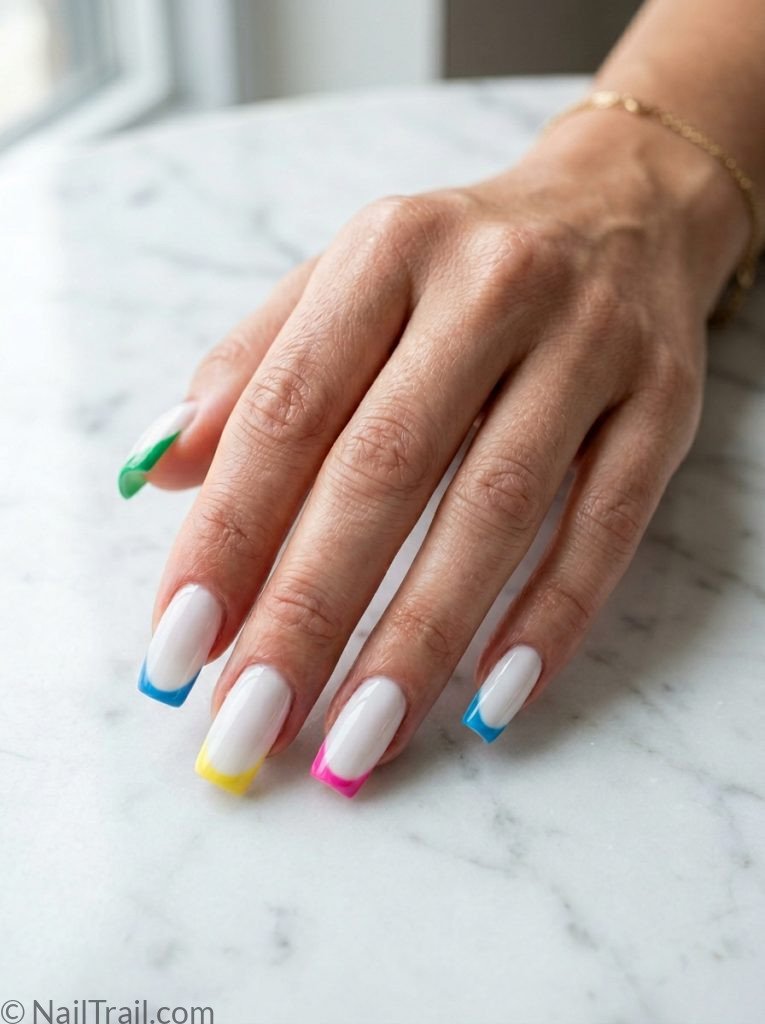 2000s square nails long square shape white base colorful tips pink blue yellow alternating glossy gel finish