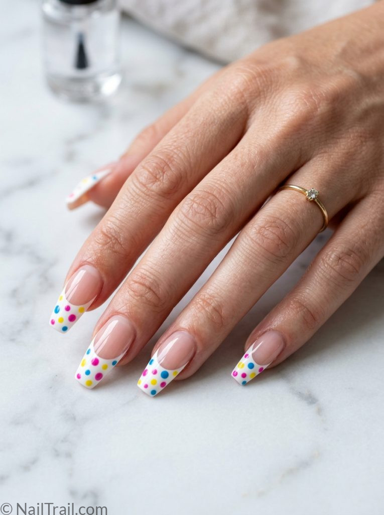 y2k french tip nails polka dots coffin shape colorful bold dots white tip glossy finish