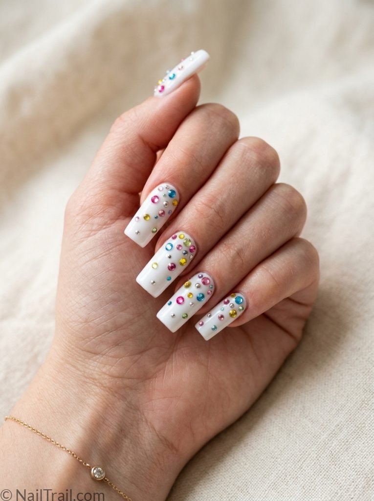 2000s square nails long square shape white base colorful rhinestones pink blue yellow green scattered glossy gel finish